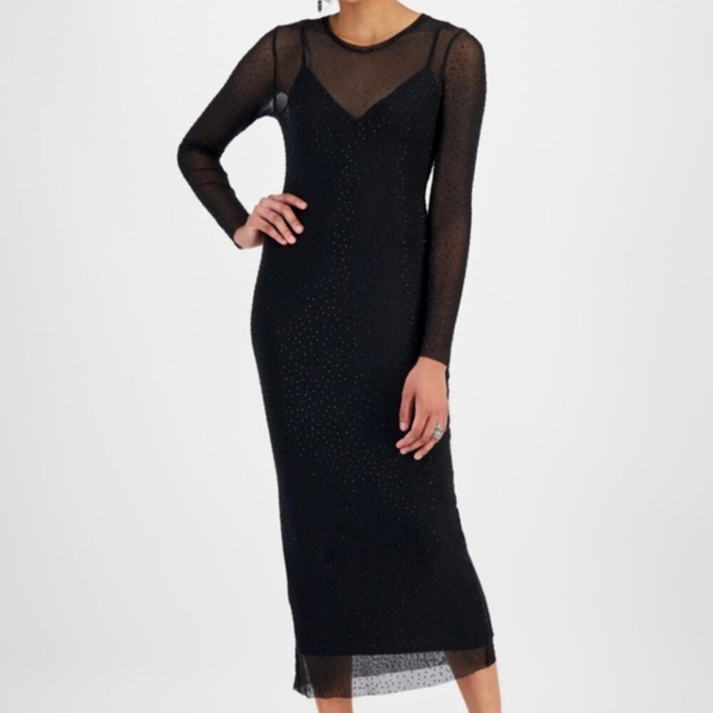 Bar III Sparkly Studded Long Sleeve Sheer Dress in Black, Size L (NWT)